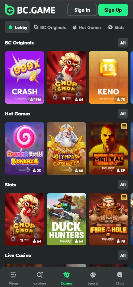 BC.Game mobile lobby