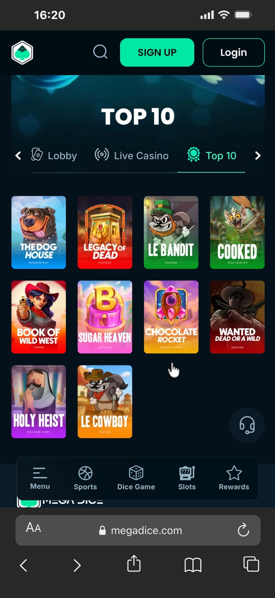 Mega Dice mobile lobby
