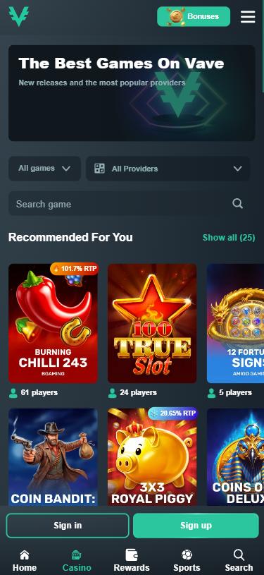 Vave mobile lobby