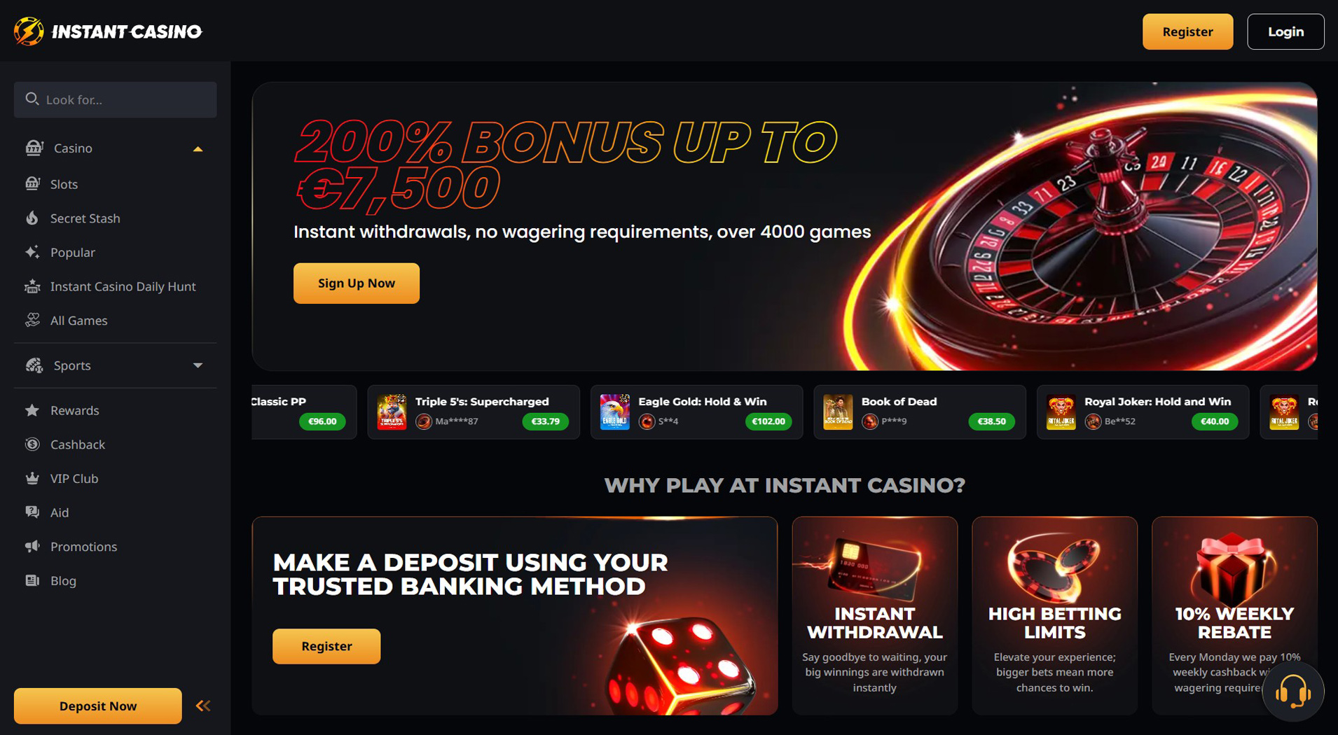 10. Instant Casino- Betrouwbare Bitcoin Casino keuze